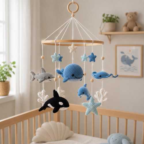 Handmade Crochet Ocean Baby Mobile, Whale Shark Dolphin Nursery Decor