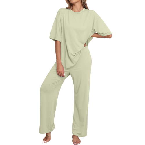 MINTREUS Lounge Sets for Women Knit Short Sleeve Tops and Long Pants Soft Comfy Pajamas Set Oversized 2 Piece Outfits