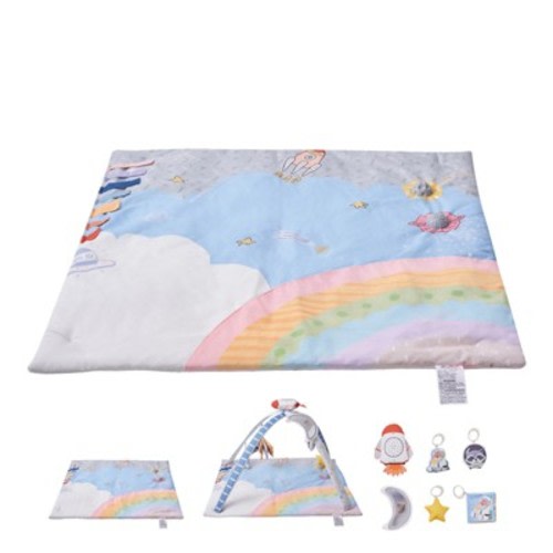 VEVOR Baby Play Gym Mat, Tummy Time Mat with 6 Sensory Toys, Baby Activity Mat with Light-up Musical Rocket Toy for 0-18 Month Newborn, Multicolor