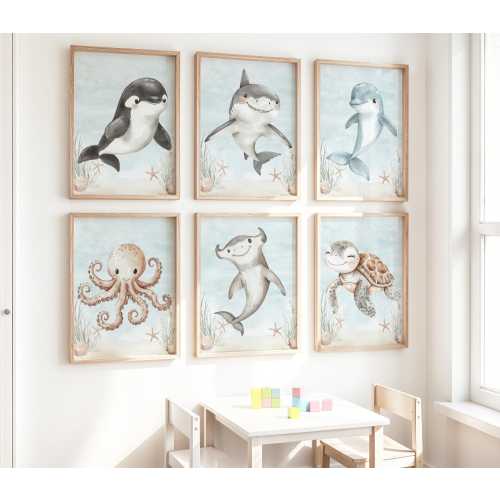Sea Creatures Nursery Prints, Ocean Under the Sea Wall Art (unframed)
