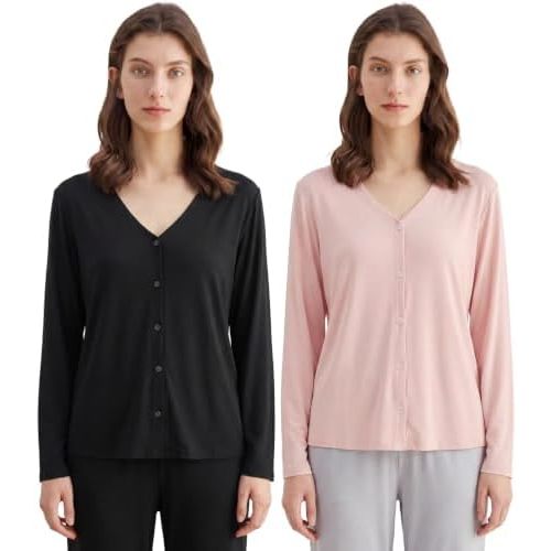 Latuza Women's Bamboo Viscose Pajama Top Long Sleeve Button Up Sleep Shirt