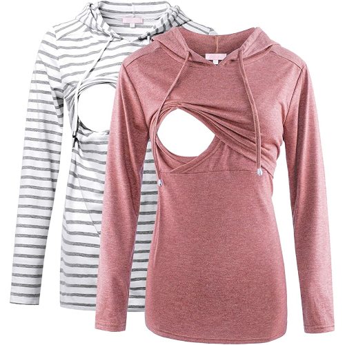 Bhome Nursing Shirt Long Sleeves Hoodie Breastfeeding Top Sweatshirt