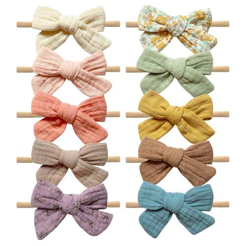 Cherssy 3" Muslin Hair Bows and Headbands for Baby Girls, 10pcs Soft Nylon Hairbands for Newborn, Infants, Toddlers