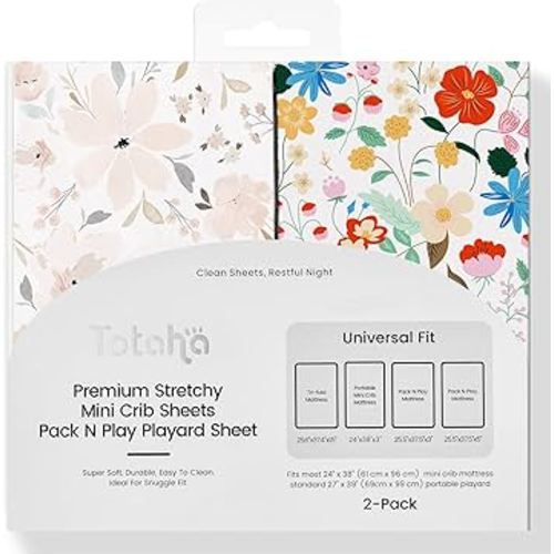 TotAha Buttery Soft Mini Crib Sheets Girl, Floral Pack N Play Mattress Sheets Hypoallergenic, Premium Jersey Playrad Sheets, Pink Flower Graco Pack and Play Sheets Fitted 2 Pack