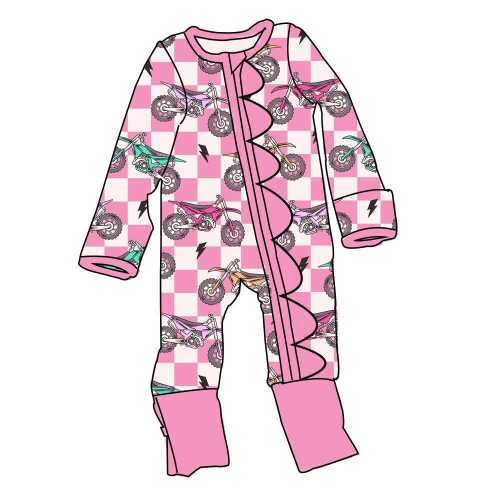 Pink Motocross Sleeper Dirt Bike Baby Girl Pajama Set Check Pattern Infant Clothing Biker Style Outfit Convertible Cuff Double Zipper Design
