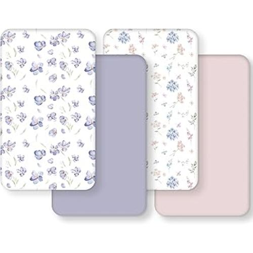 Baby Crib Sheets Girl, Toddler Bed Sheets Fitted for 52”x28”Standard Crib and Toddler Mattresses, 4 Pack Soft Breathable Stretchy Pink Purple Floral