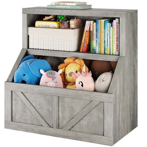 Garvee Bookshelf and Toy Storage, 2 Tier Wooden Bookcase with Large Storage Cubbies, Organizer Cabinet for Playroom, Nursery, Classroom, Bedroom, Grey