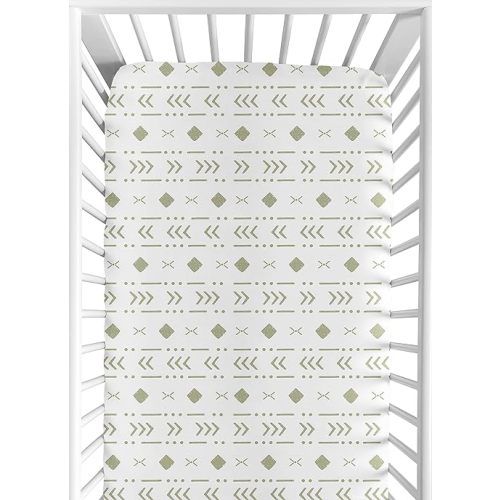 Sweet Jojo Designs White Sage Boho Tribal Mudcloth Boy Girl Fitted Crib Sheet Baby or Toddler Bed Nursery - Green Woodland Bohemian Southwest Geometric Arrow Gender Neutral Aztec Mud Cloth