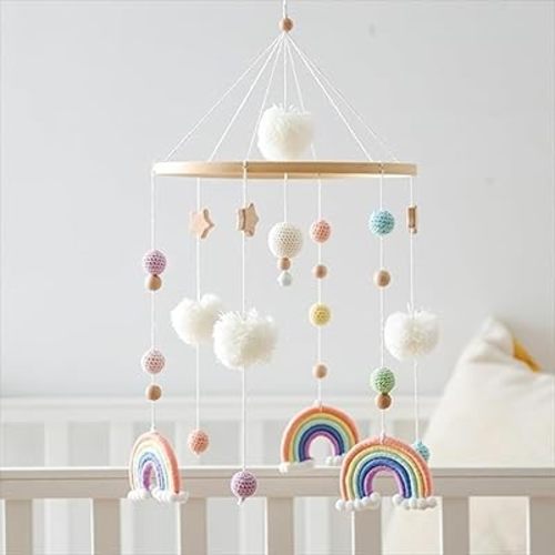 Baby Mobile for Crib Rainbow Theme with Crochet Pom Poms Handmade Wooden Crib Nursery Mobile for Boys Girls Nursery Hanging Decor (A)