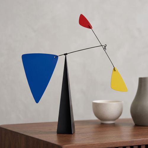 Mondrian Style Kinetic Sculpture, Steel Balancing Desk Decor, Red Blue Yellow Vanes