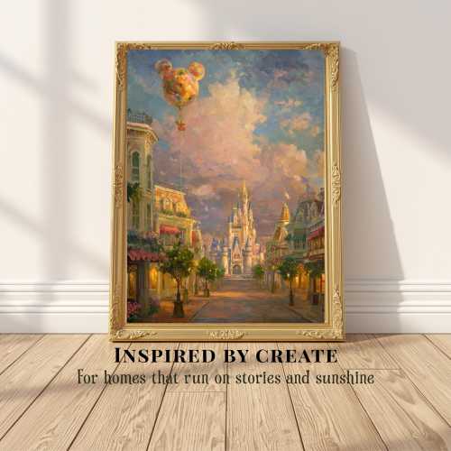 Morning Magic on Main Street | Fairytale Castle Street Painting, Romantic Theme Park Art Print, Whimsical Morning Sky Decor