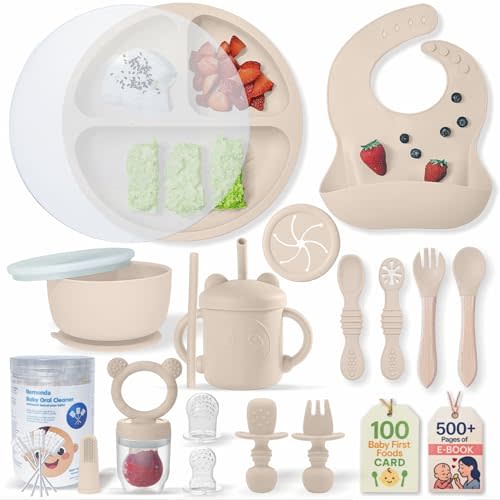 Remonda 23-Piece BPA-Free Silicone Baby Feeding Set | Extra Large Suction Plates, Toddler Bowls, Self Feeding Spoons, and More | Dishwasher Safe| Baby Led Weaning Supplies (Beige)
