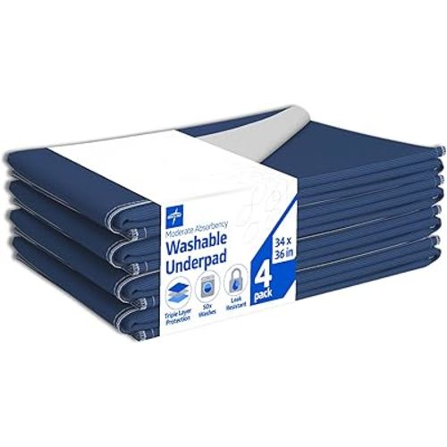 Medline Washable Bed Pads for Incontinence, Large 34 x 36 inch Reusable Underpads, 4 Pack, Pee Pads for Dogs, Adults, Kids and Baby, Navy with Gray Top Sheet