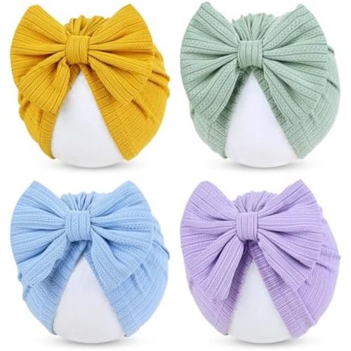 Cinaci 4 Pieces Baby Girls Turban Hats with Bow Newborn Hospital Caps Bonnets Beanies Headwraps for Infants Toddlers