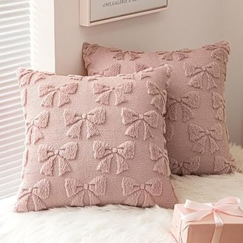 MIULEE Blush Pink Bow Pillow Covers Coquette Room Decor Aesthetic Set of 2 Spring Decorative Cute Girl Soft Plush Faux Pillowcase for Preppy Room Decor Bedroom Couch,18x18 Inch