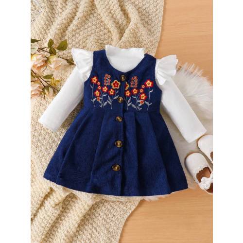Vintaside Kids Baby Girl Sweet Minimalist Ruffle Collar Long Sleeve Blouse, Corduroy A-Line Floral Embroidered Jumper Dress Casual Countryside Outfit Set, Autumn Winter