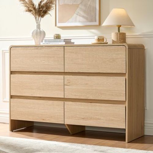 AMERLIFE 7-Drawer Storage Dresser, 49" W Modern Chest with Rounded Corners, Wood Cabinet Organizer for Living Room, Easy Assembly, Light Oak