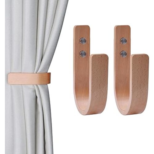 OCIOLI 2 Pieces Curtain Tiebacks Wood Curtain Holdbacks U Shaped Curtain Hooks Curtain Tie Backs Wall Mount Curtain Holder Curtain Pull Backs Tie Backs for Curtains (Wood, 2)
