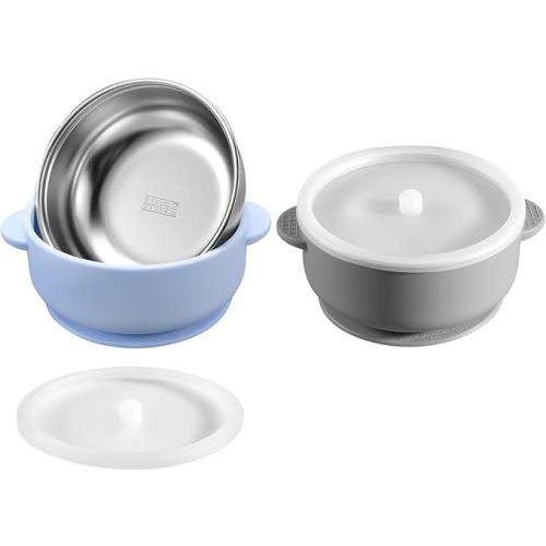 2 Pack Stainless Steel Baby Bowls with Removable Non-Slip Silicone Suction Shell and Lids, Anti Scald Food Container for Baby Food Feeding-Skyblue & Gray