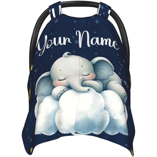 Personalized Baby Elephant Car Seat Canopy for Babies,Custom Name Elephant Car Seat Covers Boys Girls,Stroller Cover,Opening Minky Nursing Breastfeeding Cover for Infant,Newborn