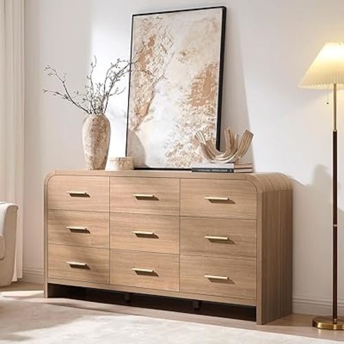 Curved 9 Drawer Dresser for Bedroom, 63'' Wide Chest of Drawers, Modern Storage Cabinet for Hallway & Living Room TV Stand, FSC Certified 1.18" Thick Board, 100 lbs Top Weight, Oak