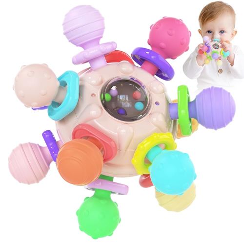 Cerberus Silicone Baby Teether, Montessori Sensory Toys, 0-12 Months, Pink & Multicolor, Teething Toys for Babies