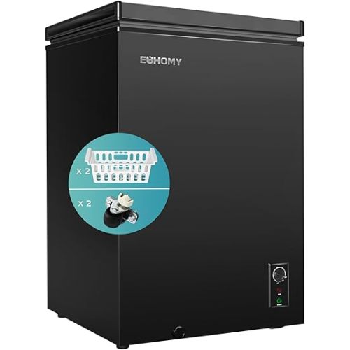 EUHOMY 3.5 Cu.Ft Chest Freezer with Wheels, Small Deep Freezer Adjustable 7 Thermostat, Quiet Mini Freezer Free-Standing Top Door, Energy Saving for Apartment/Garage/Basement/Dorm/Home,Black