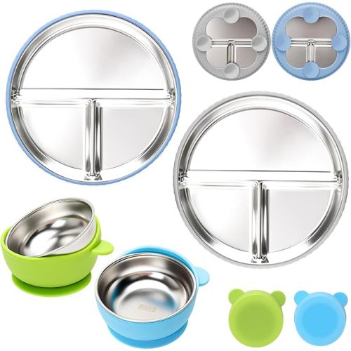 MISSLILI Stainless Steel Kids Plates and Bowls with Suction, Divided Baby Plate and Toddler Bowl with Removable Silicone Suction, Non-Slip Baby Feeding Set Dishwasher Safe, 4 Packs