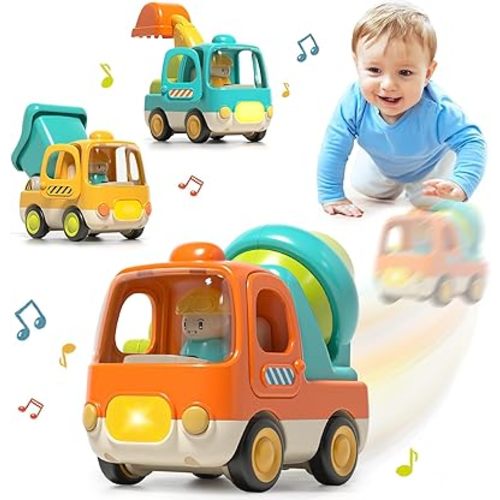 Baby Toys Push Cars for 1 2 3 Year Old Friction Powered Construction 3 Pack Friction Vehicle Set Excavator Dumper Cement Mixer Truck Lights and Musial Toys Birthday Gifts for Toddlers 1-3