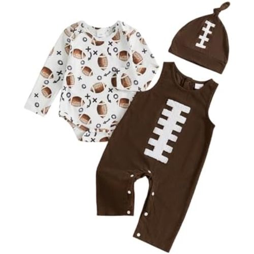 TheFound Newborn Baby Boy Football Outfit Game Day Long Sleeve Romper Corduroy Cargo Overalls Hat Set Fall Winter Clothes
