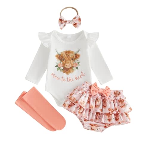 New to the Herd Baby Girl Outfit Western Newborn Cowgirl Clothes | Highland Cow Onesie Baby Clothes,Ruffle Long Sleeve Romper and Shorts Set,Headband,Stockings,Coming Home Outfit,Fall Outfits