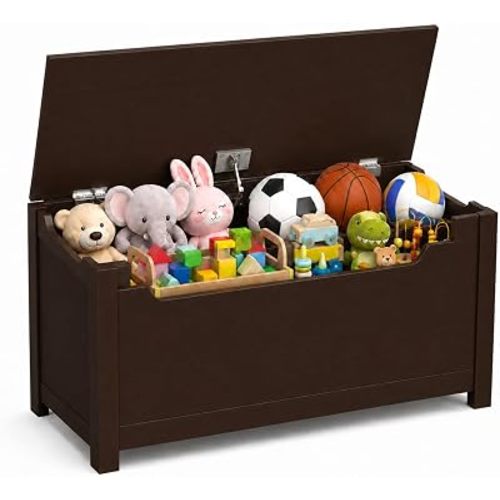 CASIRIS Wooden Toy Box - 31.5 Inch MDF Toy Chest with Safety Hinged Lid, Wood Toy Chest for Kids, Nursery, Playroom & Classroom - Toy Storage Organizer (Coffee)