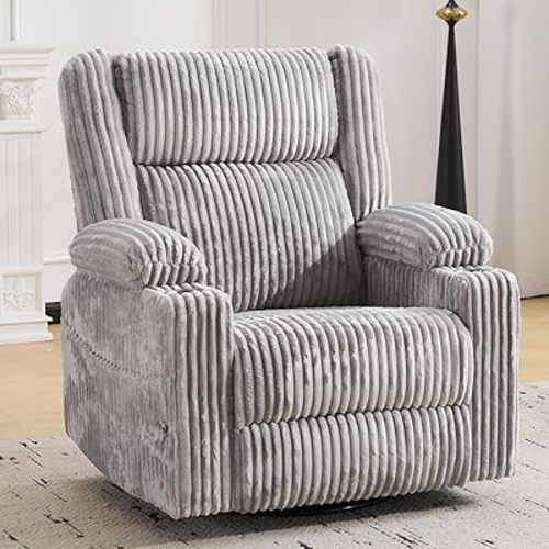 Power Recliner Chair with Massage and Heat, Oversized Swivel Rocker Recliner for Adults with Adjustable Headrest, Nursery Glider with Arm Storage and Cup Holder, Light Grey