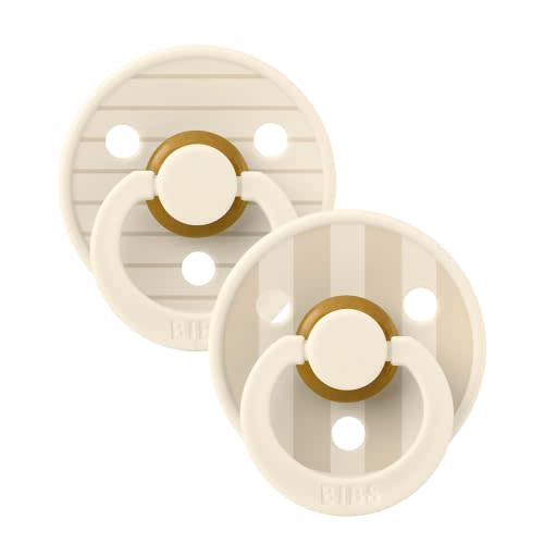 BIBS Colour Pacifier, 6-18 Months, 2-Pack, Round Nipple, Pin Ivory Vanilla | Natural Rubber | Size 2 | BPA-Free | Made in Denmark | High Nipple Acceptance | Airflow Holes | Comfort Shield