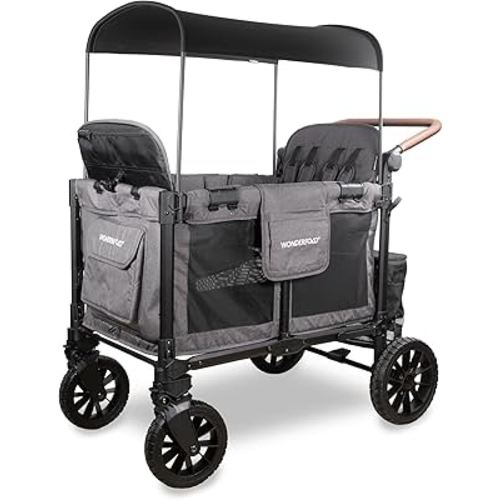 WONDERFOLD W4 Luxe Pro Stroller Wagon (4 Seater) - Collapsible Wagon Stroller with Seats Featuring 5-Point Safety Harnesses and Adjustable Sun Canopy, Charcoal Gray