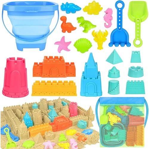 Collapsible Beach Toys for Kids Toddlers, Collapsible Sand Bucket and Shovels Set with Mesh Bag,Travel Sand Castle Building Kit, Sandbox Toys, Foldable Beach Essentials for Toddlers Kids Age 3-10
