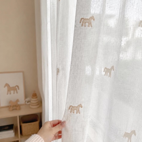 Embroidered Horse Sheer Curtains, Beige & Crimson Nursery Drapes for Kids Bedroom, Light Filtering Animal Pattern Window Panels