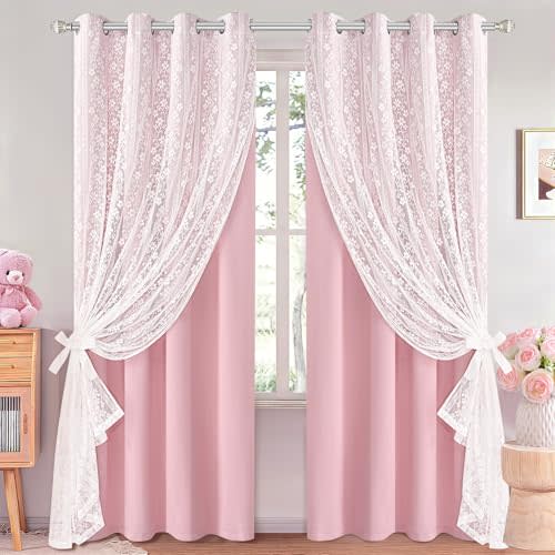 ASPMIZ Pink Blackout Curtains for Girls Bedroom Double Layer Curtains 52x84 | Room Darkening Curtains Light Blocking Grommet Drapes with 2 Tiebacks, Boho Farmhouse, 2 Panels, for Living Room Nursery Dorm