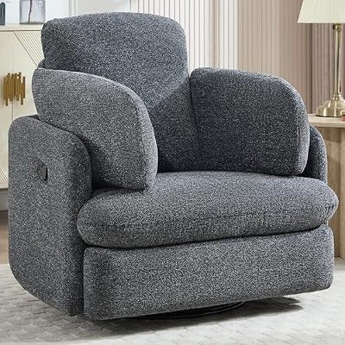 CANMOV Swivel Rocker Recliner, Manual Recliner Chair for Adults, Nursery Glider Rocking Chair with 2 Bolster Pillows and Hidden Storage, Dark Grey