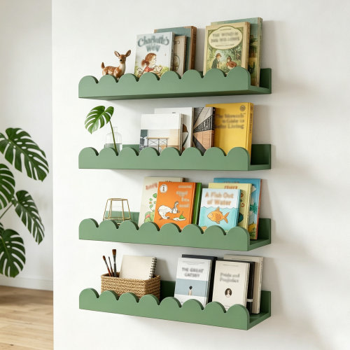 Trinx Scalloped Shelves for Nursery, 4-Pack Floating Shelves for Wall Solid Pine Wood Shelves for Storage, Book, Room Decor | Wayfair