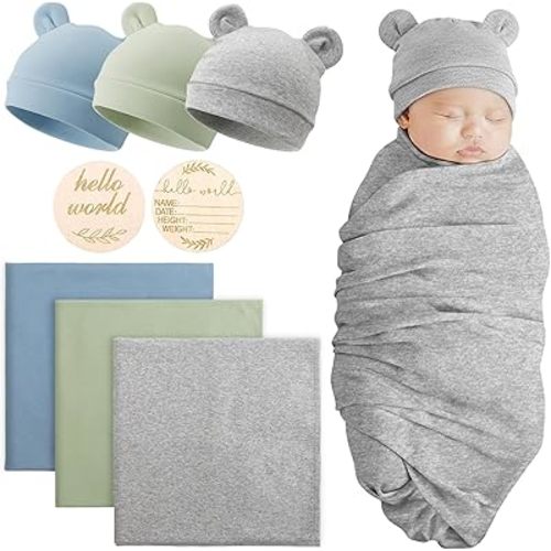 DRESHOW BQUBO Cotton Baby Swaddle Hat Set Newborn Infant Receiving Blankets with Bear Ears Hat Wooden Birth Announcement Card Newborn Unisex Swaddle Wrap Sets Warm Shower Gift