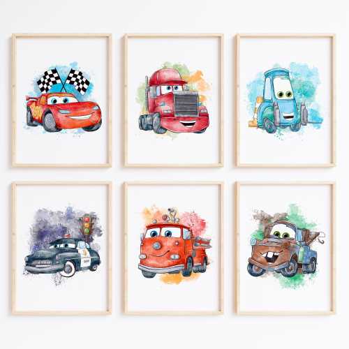 Nistio™ Cars Movie Poster Prints: Lightning McQueen, Kids' Room Decor (Unframed, Set of 6)