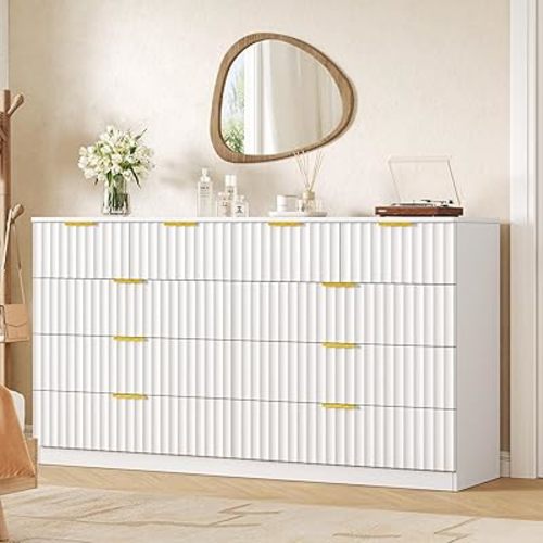 NDOHCUO Fluted 10 Drawer Dresser for Bedroom,55.1''W Modern Dresser for Closet with Metal Handle, Wooden Chest of Drawers for Bedroom, Living Room, Hallway,White