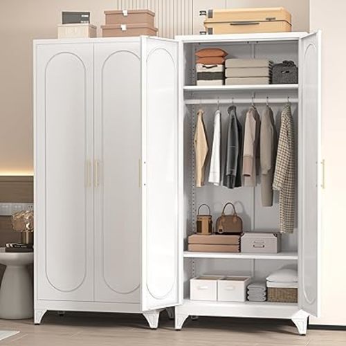 Metal Wardrobe Cabinets,White Armoire Wardrobe Closet with Hanging Rod,Clothes Storage Cabinet with Adjustable Shelves and Doors,Clothing Cabinet for Bedroom, Office, Laundry Room
