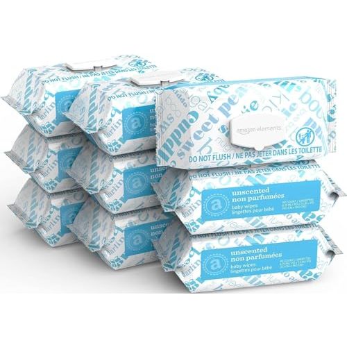 Amazon Elements Baby Wipes, Unscented, Hypoallergenic, Alcohol-Free, With Aloe and Vitamin E, 810 Count, Flip-Top Packs