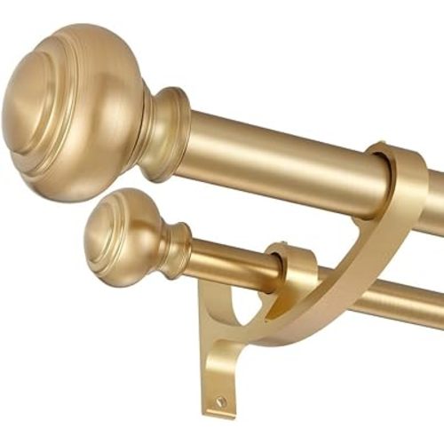 Warm Gold Double Curtain Rods, Double Curtain Rods for Window 48 to 84 Inch, Telescoping Double Decorative Drapery Rods with Urn Finials, 1-Inch Front and 5/8 Inch Back Double Rod Curtain Rods
