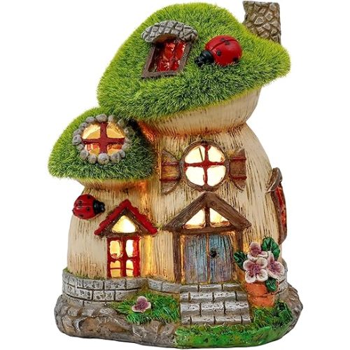 TERESA'S COLLECTIONS Mushroom Garden Statues with Outdoor Solar Light for Garden Decor, Green Flocked Decorations Resin Fairy House Accessories, Outdoor Decor Yard Gifts for Mom Women