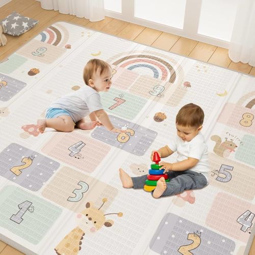 Pufeng Baby Play Mat 79" x 71", Reversible Foldable Baby Playmat, Waterproof Anti-Slip Foam Floor Playmat Non-Toxic Portable Baby Crawling Mat for Infants, Toddler, Kids, Indoor Outdoor Use