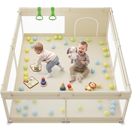 Fodoss Baby Playpen, 59×69in Beige Playpen for Babies and Toddlers