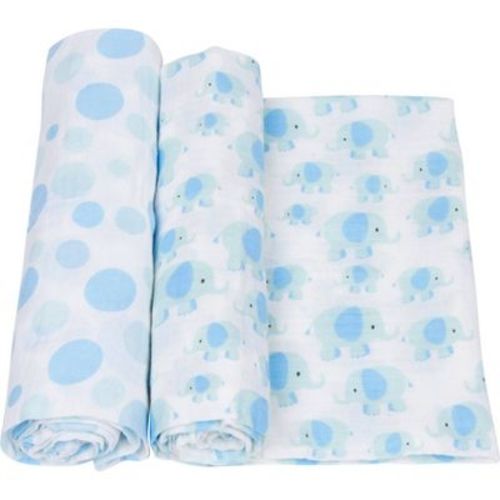 MiracleWare Muslin Swaddle Blanket - Elephant Blue 2pk: 100% Cotton, Animal Prints, 47" x 47", 152 Thread Count